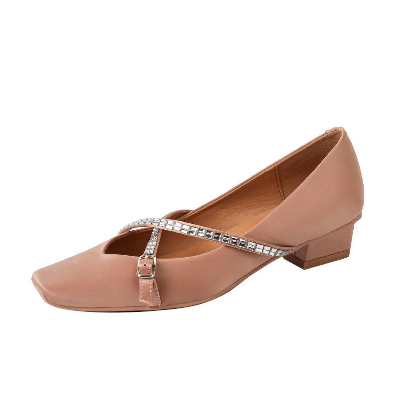 X cross crystal chain Mary Jane shoes women's thick heel square head single shoes low heel retro ballet shoes autumn