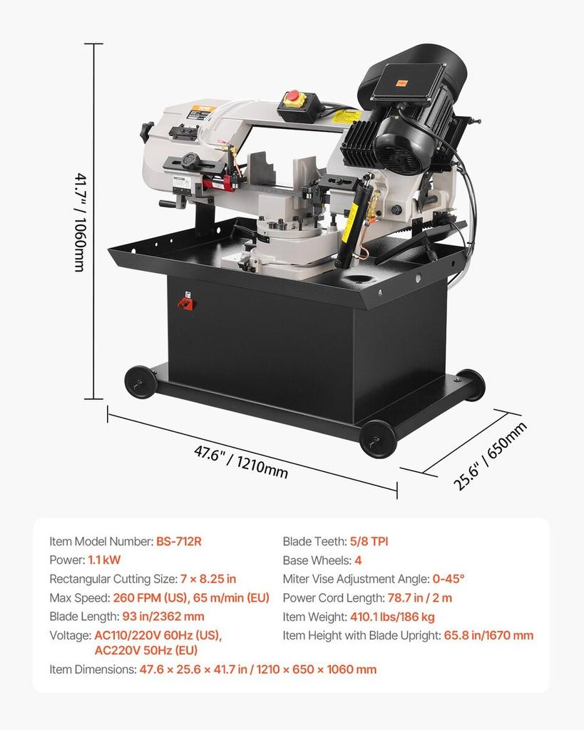 Metal Band Saw 1.1 KW 7 X 8.25 In Cutting Capacity Horizontal and Vertical Cutting 4 Speeds Variable Speed Bandsaw 220V 0° To 45° Rotatable Base for
