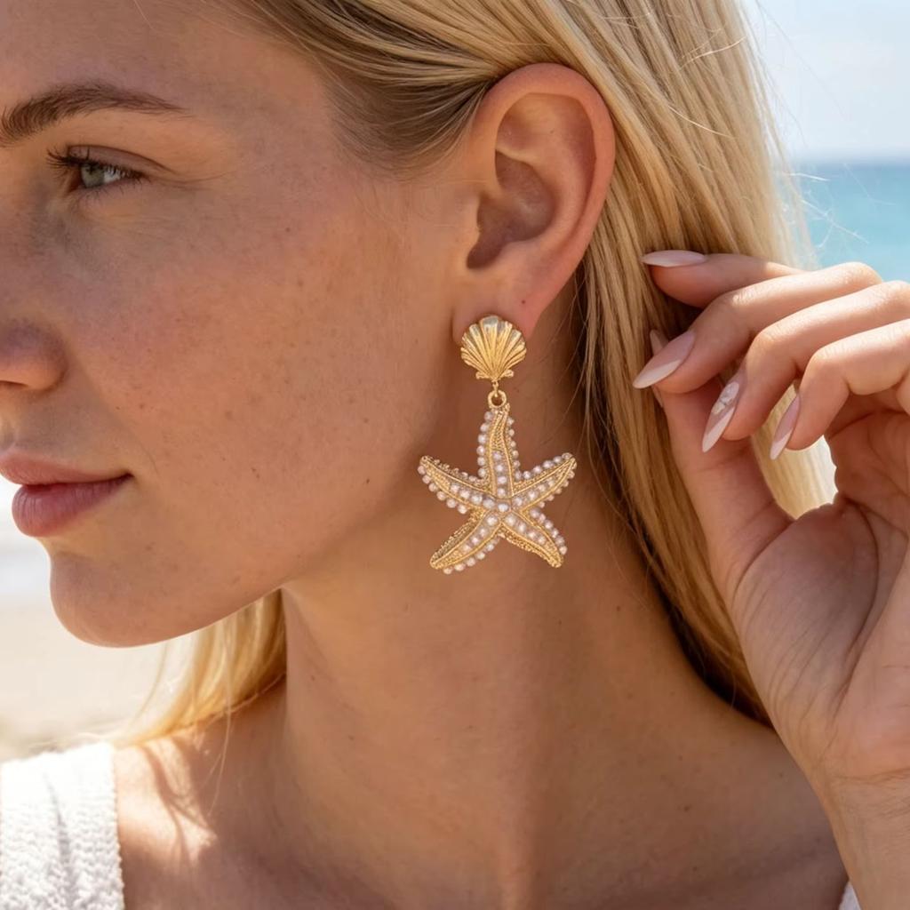Summer Oversized Personality Sea Star Pendant Earrings Women Elegant French Style Shell Star Beach Vacation Style Ear Jewelry