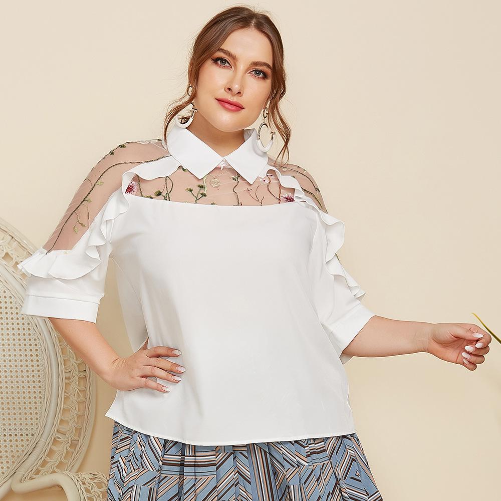 

New Style Elegant Turn-Down Collar Sheer Embroidered Patchwork Ruffled Mid-Sleeve Blouse 4XL білий