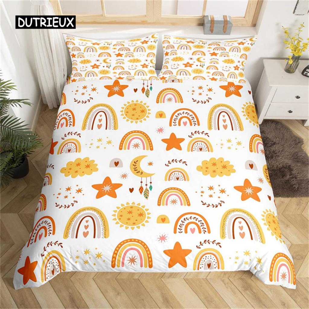 Cute Rainbow Duvet Cover Set Single for Microfiber Cartoon Bedding Set Sun Moon Star Comforter Cover Teens Girls Room Decor