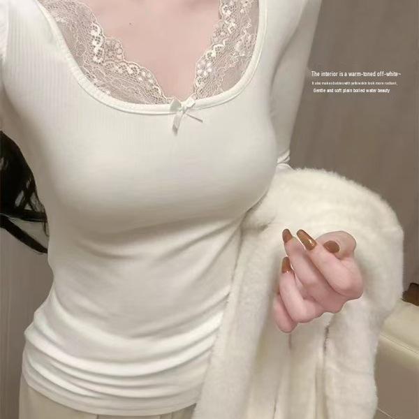 Women s U-Neck Long-Sleeve Ribbed Velvet Lace Slim Fit Warm Top L (95-105 kg) абрикосовый