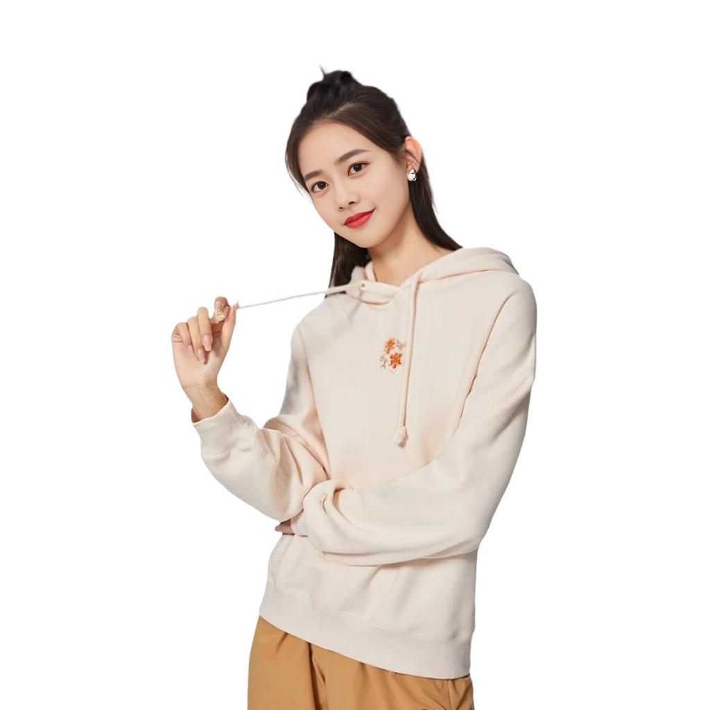 Li-Ning Chang Le Wei Yang Print Pattern Plus Velvet Loose Hoodie Long Sleeve Sweatshirt Women Tops White AWDSB56-4