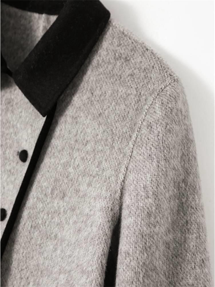 Women's Retro Double-Breasted Color Block Wool Coat - Mid-Length, Small Lapel, Spring/Autumn Fashion