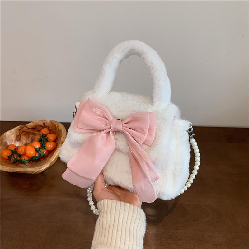 Charming Fluffy Crossbody Purse For Girls Sweet Plush Bag With Bow Street Style