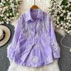 Women's Lapel Collar Long Sleeve Shirt Loose Fit Heavy Beaded Rhinestone Embroidery Blouse Vintage Floral Print Top