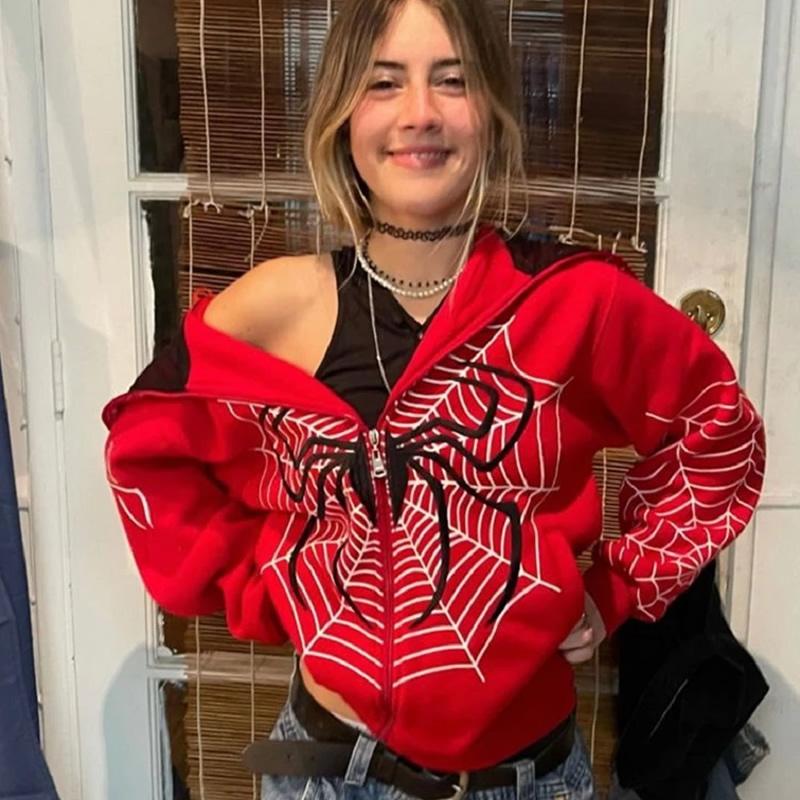 Y2k Emo Kadın Streetwear Hoodie Örümcek Web Kırmızı Fermuarlı Kapüşonlular Grunge Büyük Boy Kazak Gotik Harajuku Alt Ceketler Giysileri