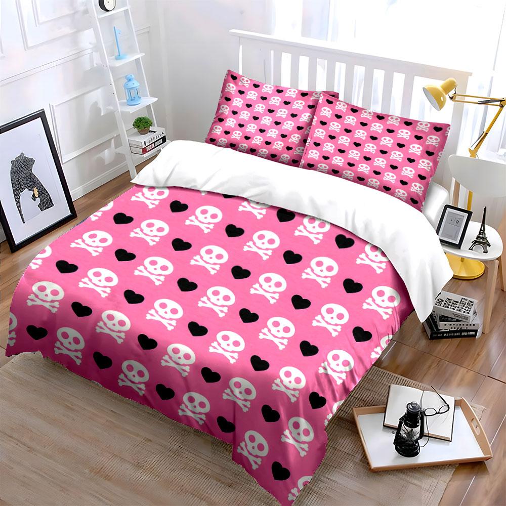 Pink Skull and Heart Bedding Set Bedding Duvet Cover Set Duvet Cover Pillowcases (1 * Duvet Cover 2 * Pillowcases, without duvet insert)