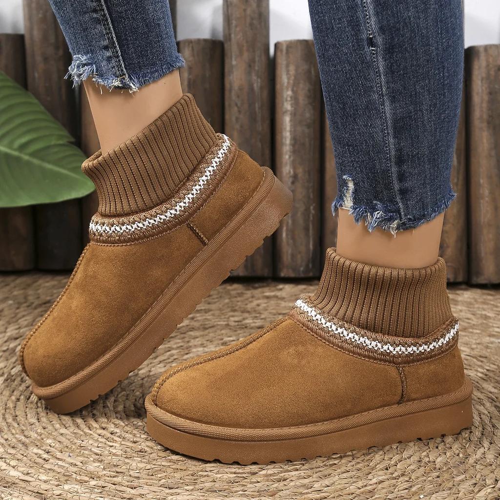Classic Suede Non Slip Snow Boots Women  Winter Soft Thick Bottom Cotton Ankle Boots Warm Plush Embroidery Decoration Shoes
