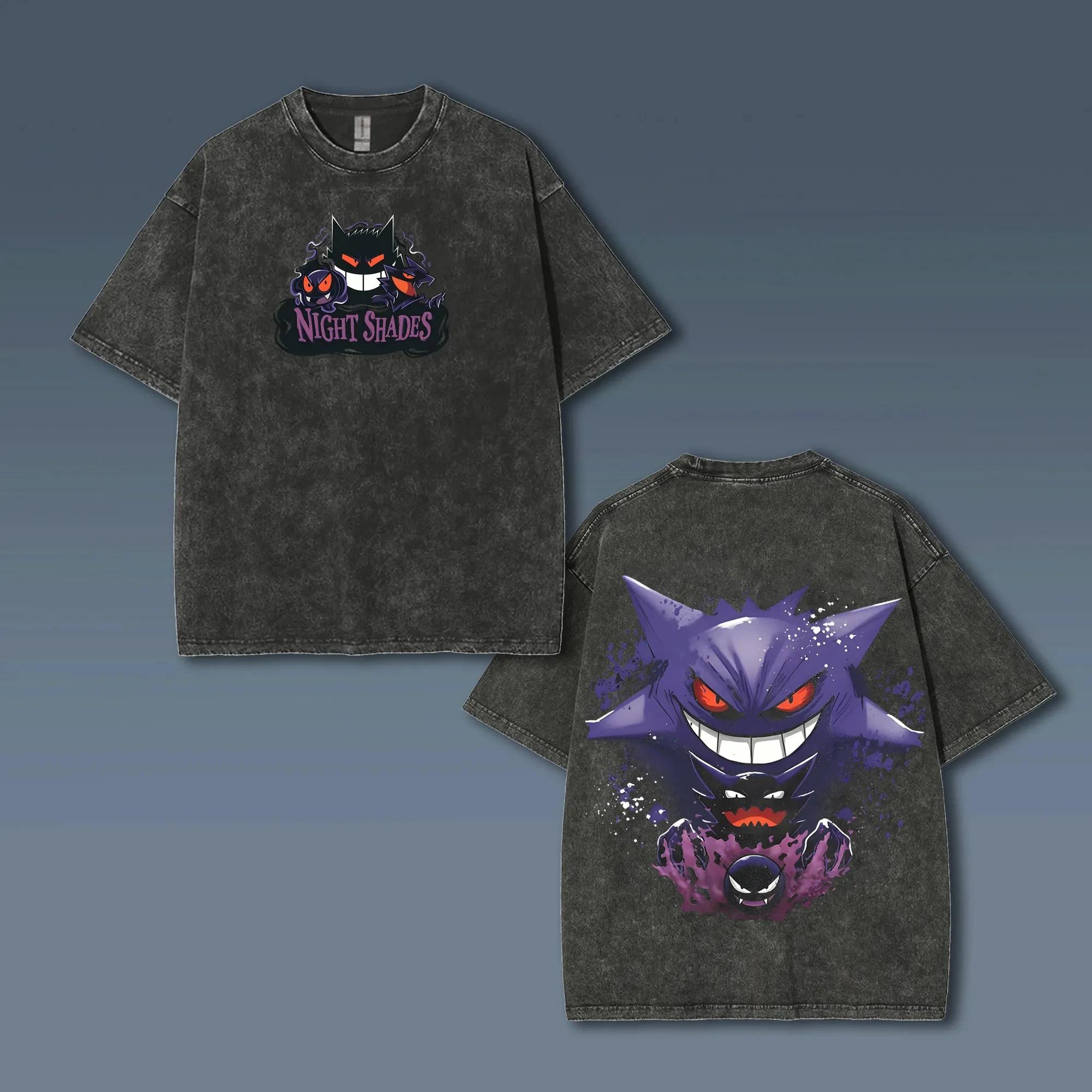 Fashion Hip Hop Clothes Pok&eacute;mon Animatie Afgeleiden Gengar Print Retro Gewassen Korte Mouw T-shirt Heren en Dames 2025 Zomer Mode Kleding M zwart