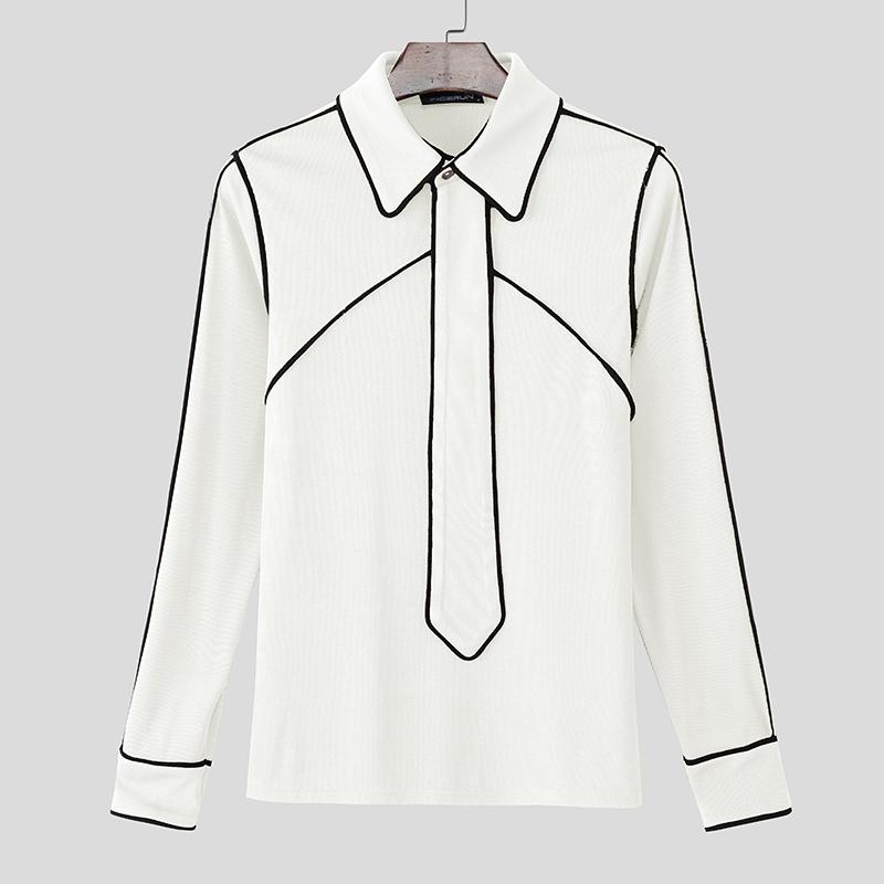 

INCERUN Autumn Men s Lapel Neck Long Sleeve Stitching Rib Casual T-shirts Undershirts 5XL белый