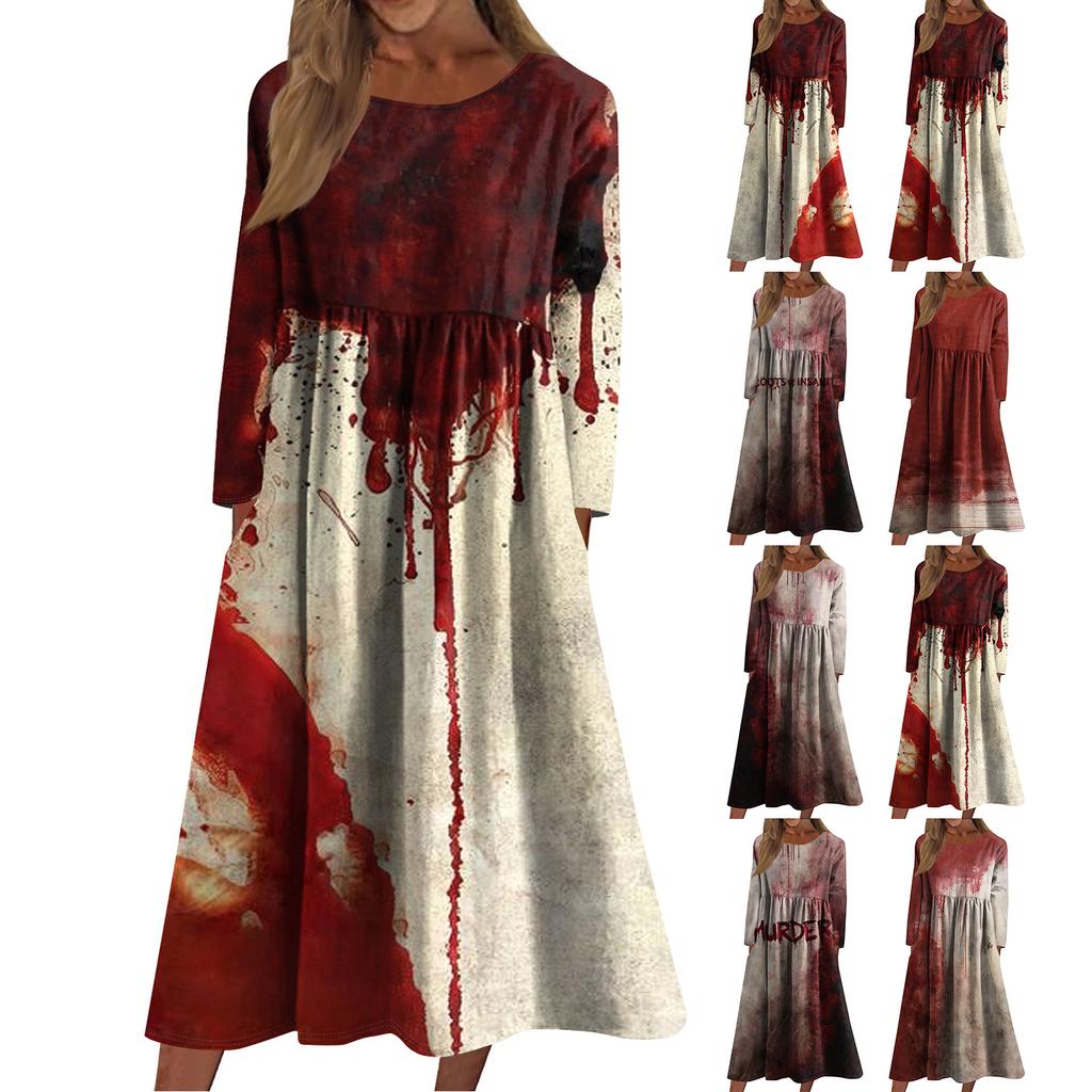 Women's Casual -neck Halloween Print Mid-length Dress Long-sleeved Dress With Pocket