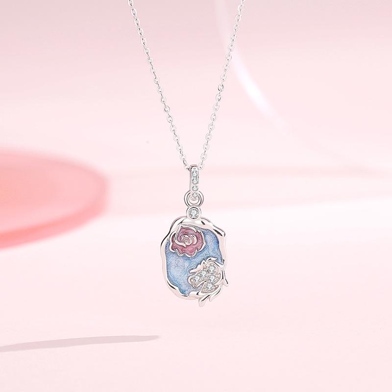 Tichya S925 Sterling Silver Horse & Enamel Flower Necklace for Women 925 Sterling Silver