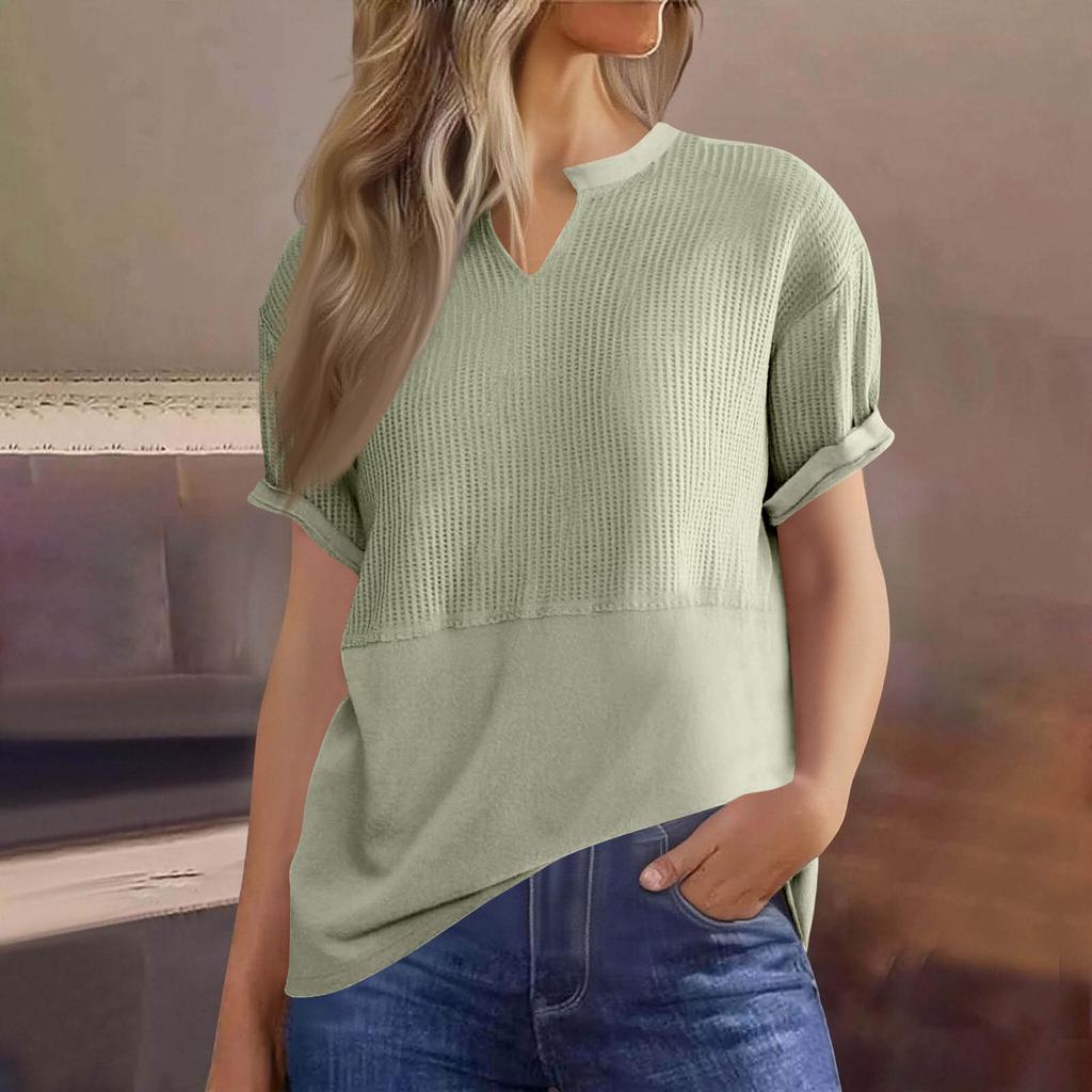 Womens  Knit Tops Casual V Neck Short Sleeve T Shirts Loose Blouses