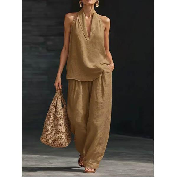 Women's Solid-Colored Casual Sleeveless Cotton-Line Tank Top and Wide-Leg Pants