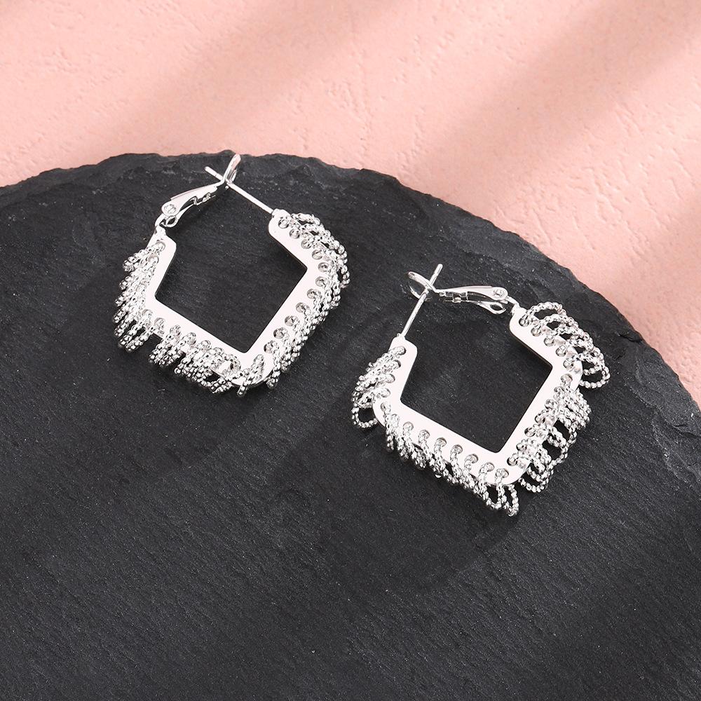 Square Circle Fringed Earrings Shine Ol Temperament Internet Celebrity Live Broadcast With Goods Female Versatile Commuter Simple Wind Earrings