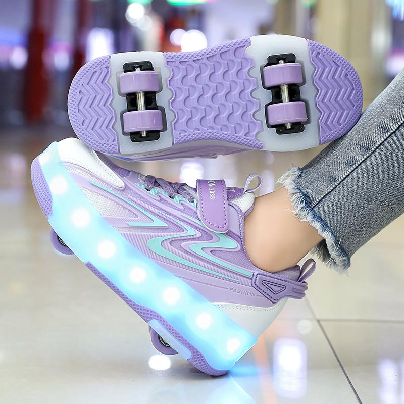 Kids Glowing Sneakers Rubbing Shoes Charging and Disassembling Four Wheels Slide Shoes LED Kids Glowing Sneakers