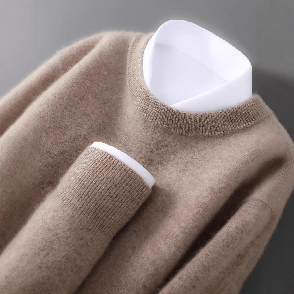 Pulover casual pentru bărbați, mărime mare, croială largă, 100% lână pură - Strat de bază tricotat cu gât rotund pentru toamnă și iarnă
