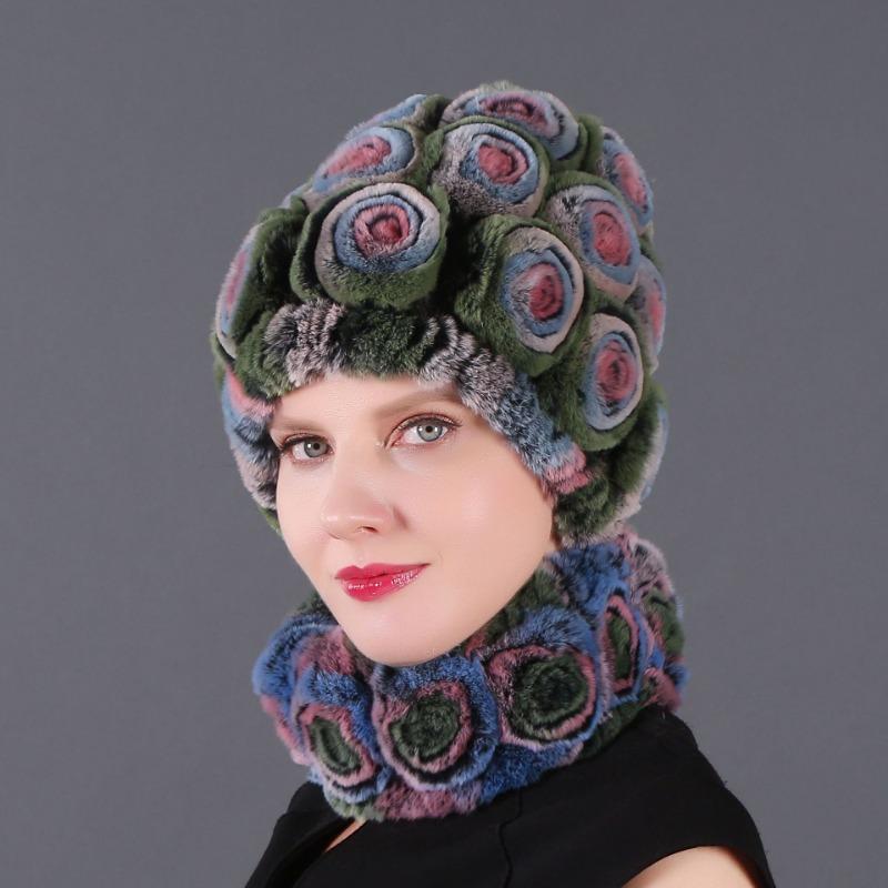 Rex Rabbit Rose Hat and Flower Scarf Set Specializing in the production of Rex Rabbit Scarf Hat Two-piece Adult Hat