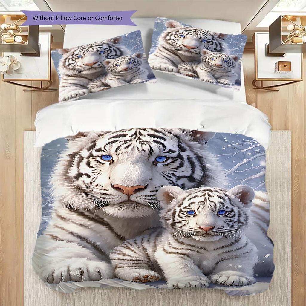White Tiger Pattern Bedding Quilt Set Quilt Cover Pillowcase Home Decoration Birthday Gift (1 * Duvet Cover + 2 * Pillowcase, Without Core)