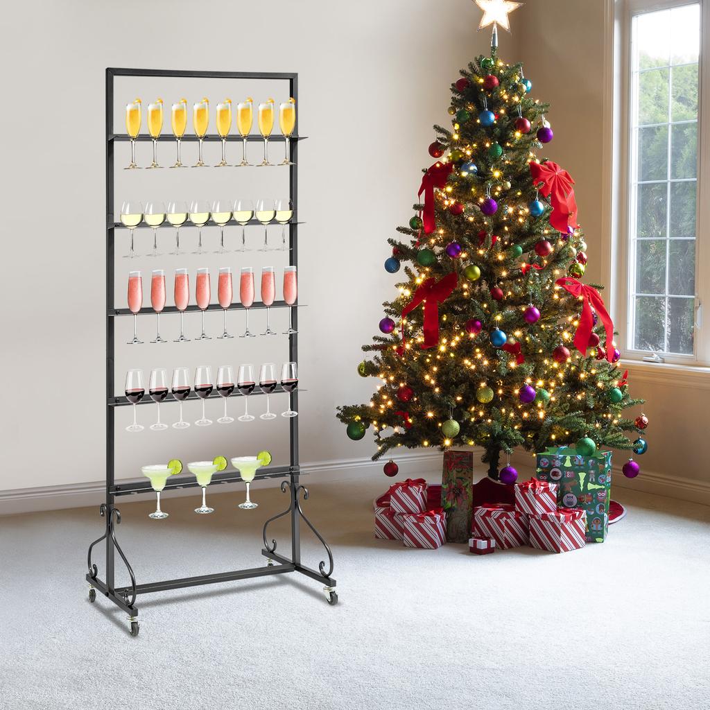 5-Tier 40-Cup Champagne Glass Rack, Black Iron Display Stand for Bar, Wall Mount Wine Glass Holder Shelf, Storage Organizer