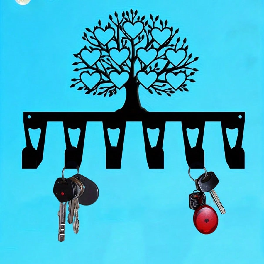 Geometric Tree of Life Key Holder Heavy Iron Metal Wall Art 6 Hooks Gold Design