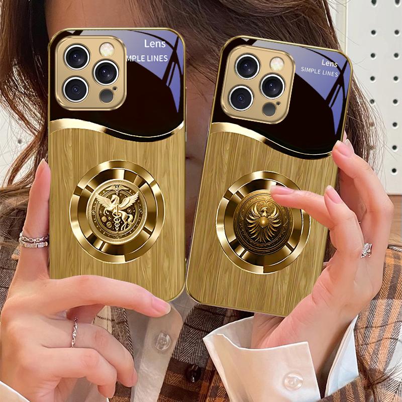 Metal retro pattern For IPhone 16 16Pro Max 15 P ro 14 13 Plus 12 Mini 11Pro Max XS Max XR 16E 14Plus X Golden glass phone case