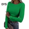 Pullover Tops Women Ribbed Long Sleeve Bottoming Top Regular Fit Lightweight Crew Neck Shirt Daily Wear