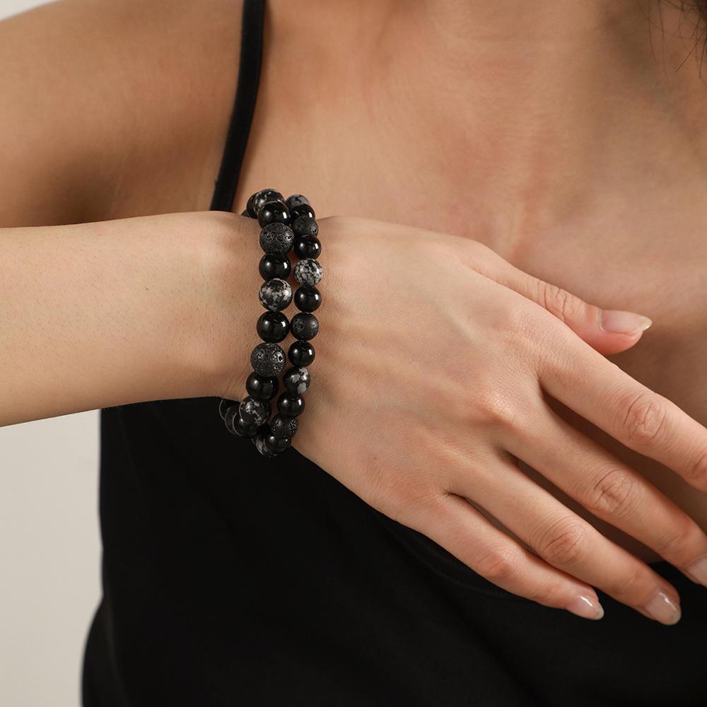 Handmade Natural Volcanic Stone Snowflake Stone Bead Bracelet Men's Retro 10/8mm Elastic Bead Couple Bracelet
