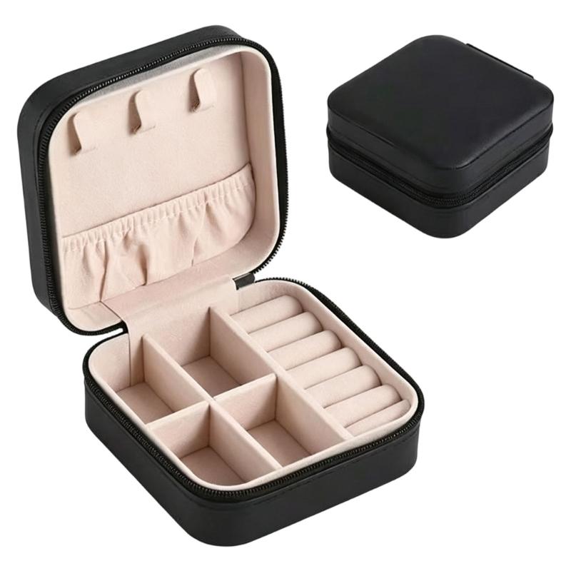 Zippered Leather-Material Jewelry Storage Case with Lid Hooks, Interior Pocket, Ring Rolls, and Removable Dividers