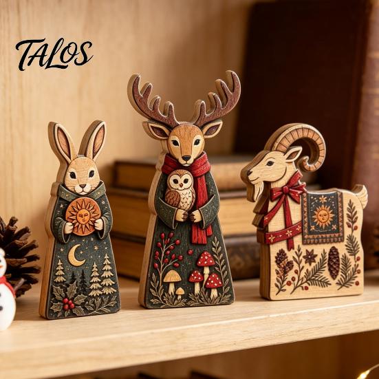 Winter Wonderland Party Decorations Wooden Christmas Tabletop Decor, Rustic Reindeer Animal Figurines, Farmhouse Style Plaid Fabric Bow Holiday