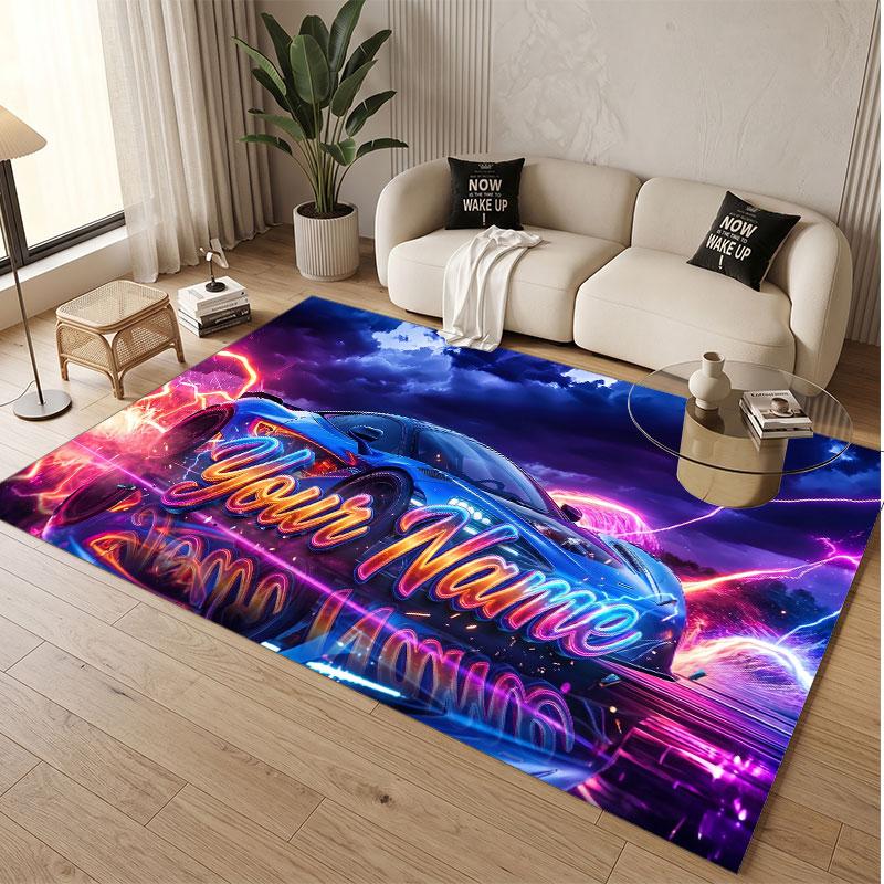 Auto-Rennsport-Thema Weicher Kristall-Samt Teppich Benutzerdefinierter Name & Text Druck Rutschfester Boden Teppich für Schlafzimmer Wohnzimmer