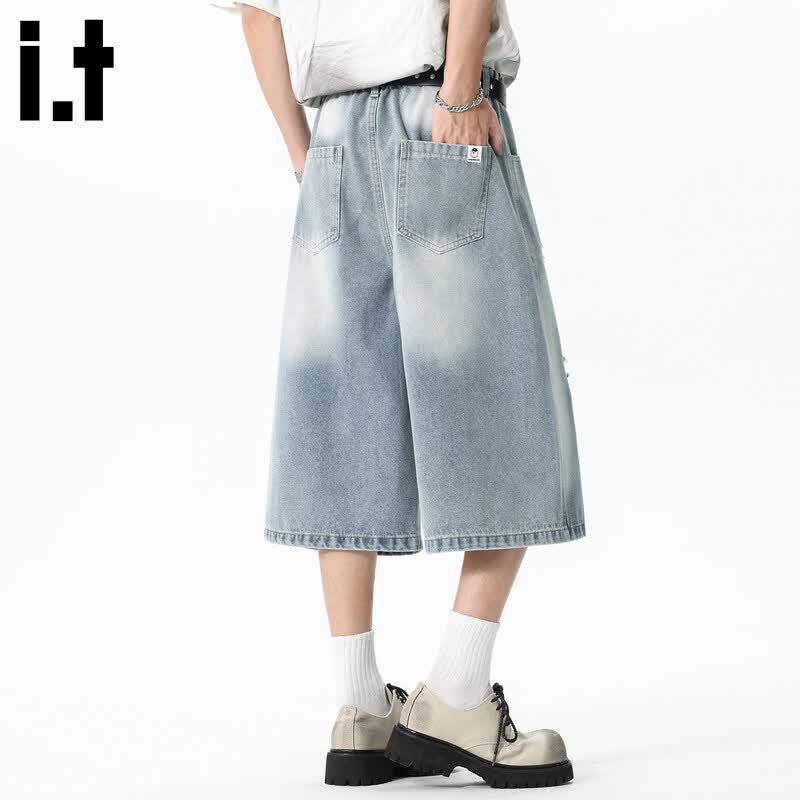 CHOCOOLATEit Men's Light Blue Ripped Wide-Leg Cropped Denim Shorts