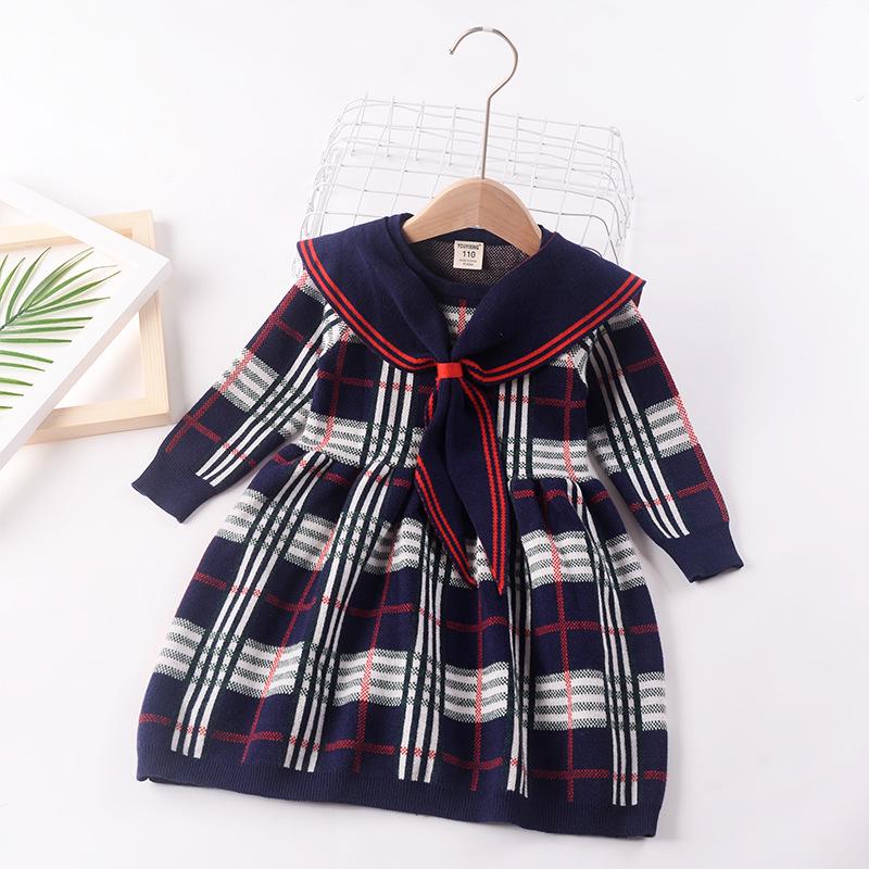 

Милое трикотажное платье-свитер в стиле колледжа для девочек с теплым воротником-шалью Size 140 - Height 130cm синий