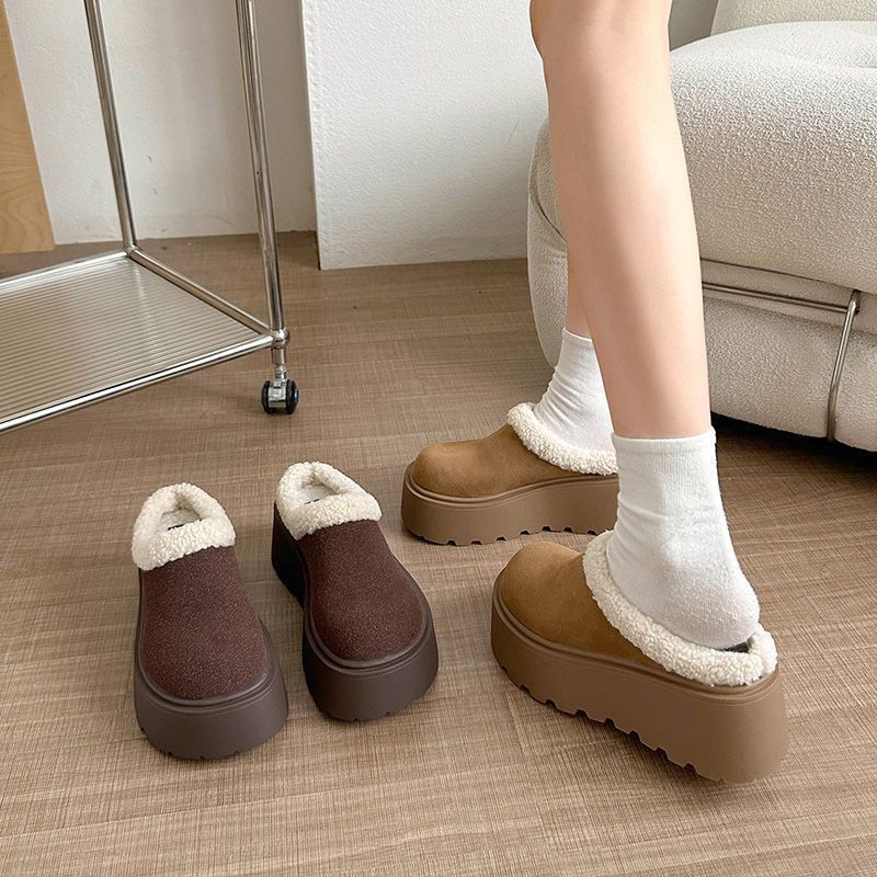 Super Fire Thick-soled Bag Head Fluffy Half Slippers Women's New Autumn and Winter Outer Wear Height-increasing Lazy Shoes Velvet Cotton Shoes