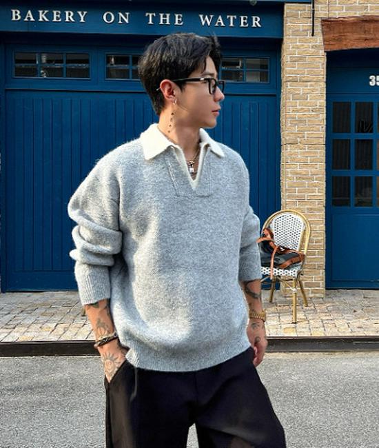 Unisex Old Money Style Seagull Collar Layered Sweater - Soft Knit Lapel Casual Top Medium серый