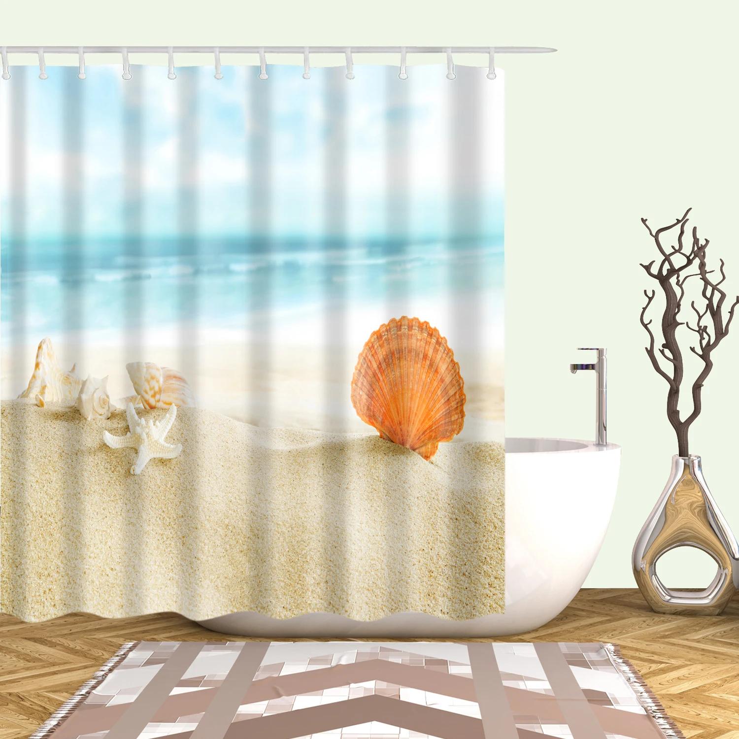 

High Quality Sea Beach Shell Anchor Printed Shower Curtains Bath Screen Waterproof Bathroom Curtains Bathroom Decor With Hooks W90*H180(CM)-1 Pcs