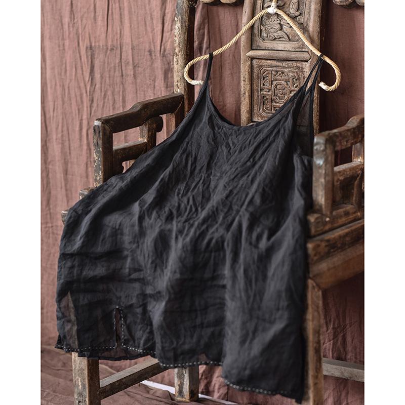 Women Vintage Solid Color Camis Summer Casaul Simple Loose Ramie Tops