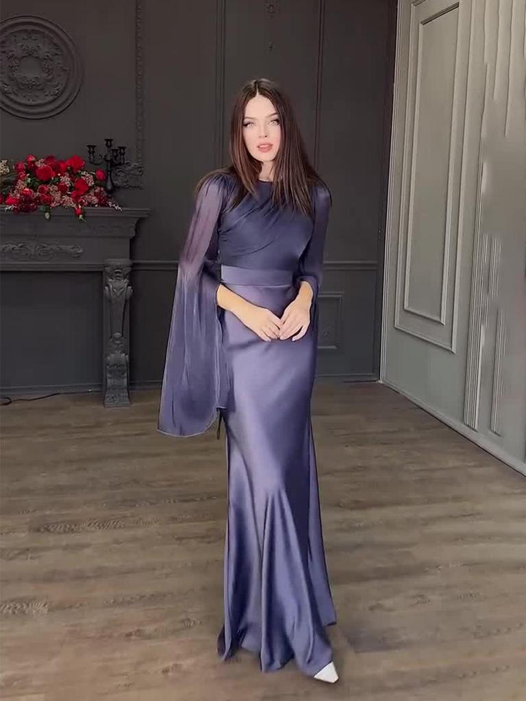 Europeisk og amerikansk 2024 høst organza sateng slim kjole med store svingermer