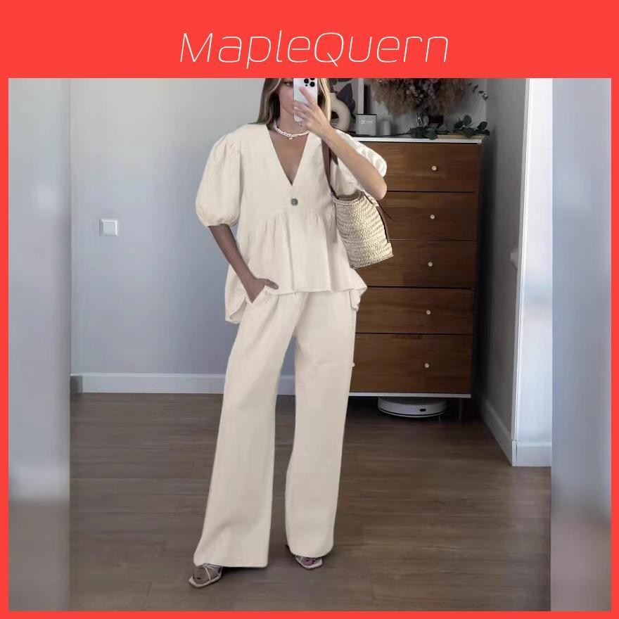 French Sweet Style Solid Vneck Bubble Sleeve Pantsuit With Tie For Summer Casual Wear