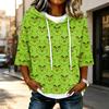 Women's 3/4 Sleeve Hooded Christmas Character Print T-Shirt, Casual Holiday Top