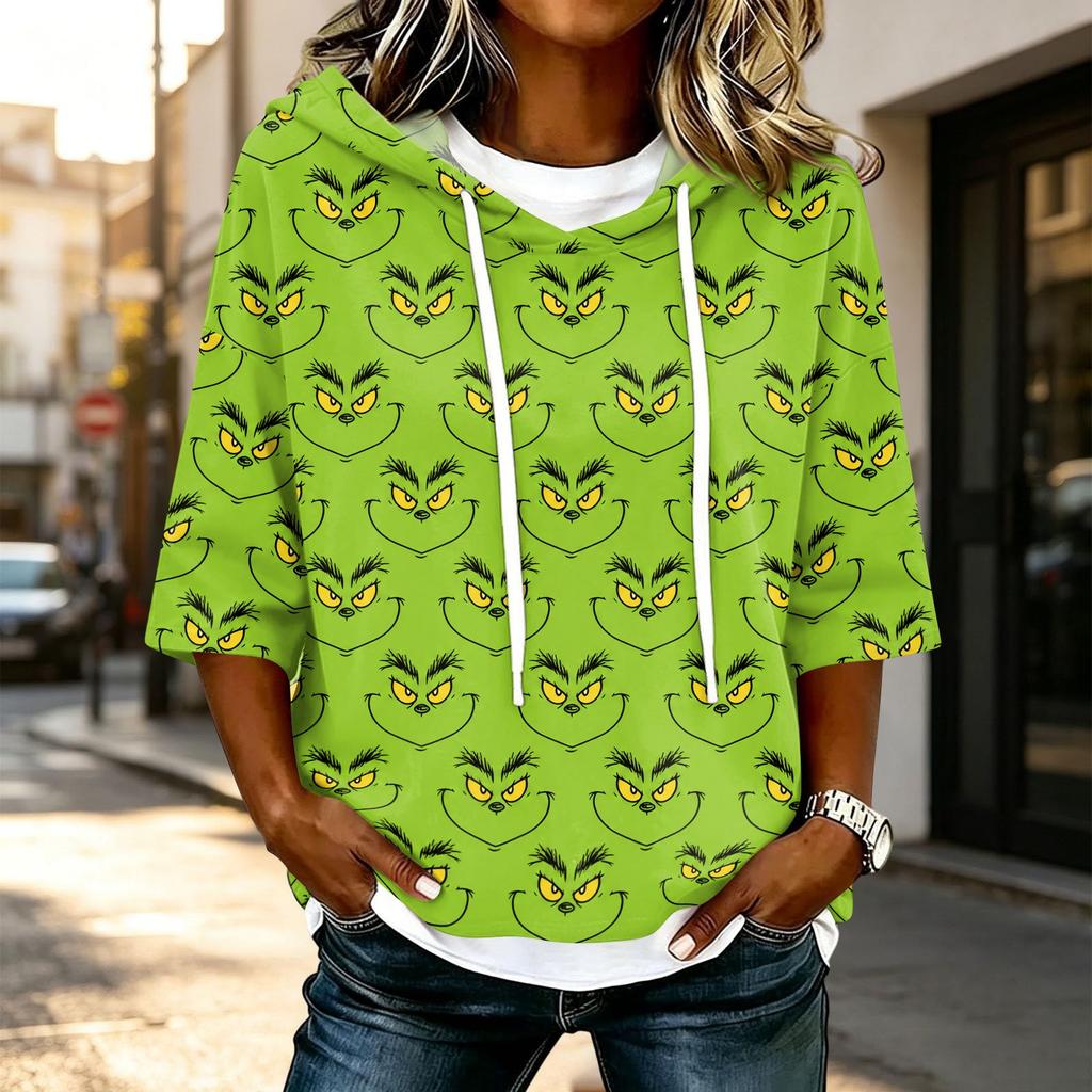 Women's 3/4 Sleeve Hooded Christmas Character Print T-Shirt, Casual Holiday Top
