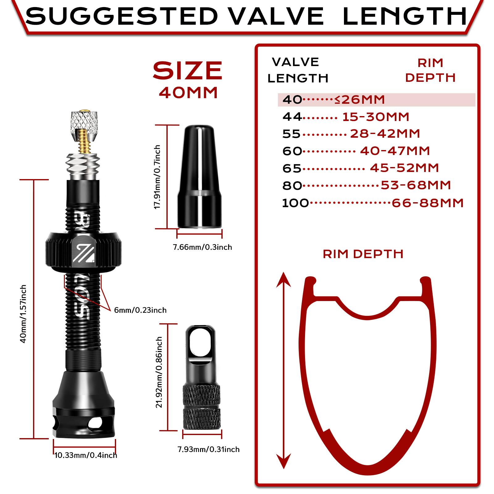 

BUCKLOS F/V Bike Tubeless Valve 40/44/55/60/65/80/100mm Bicycle Tubeless Presta Valve Aluminum Alloy Bicycle Presta Valves BLACK-40MM