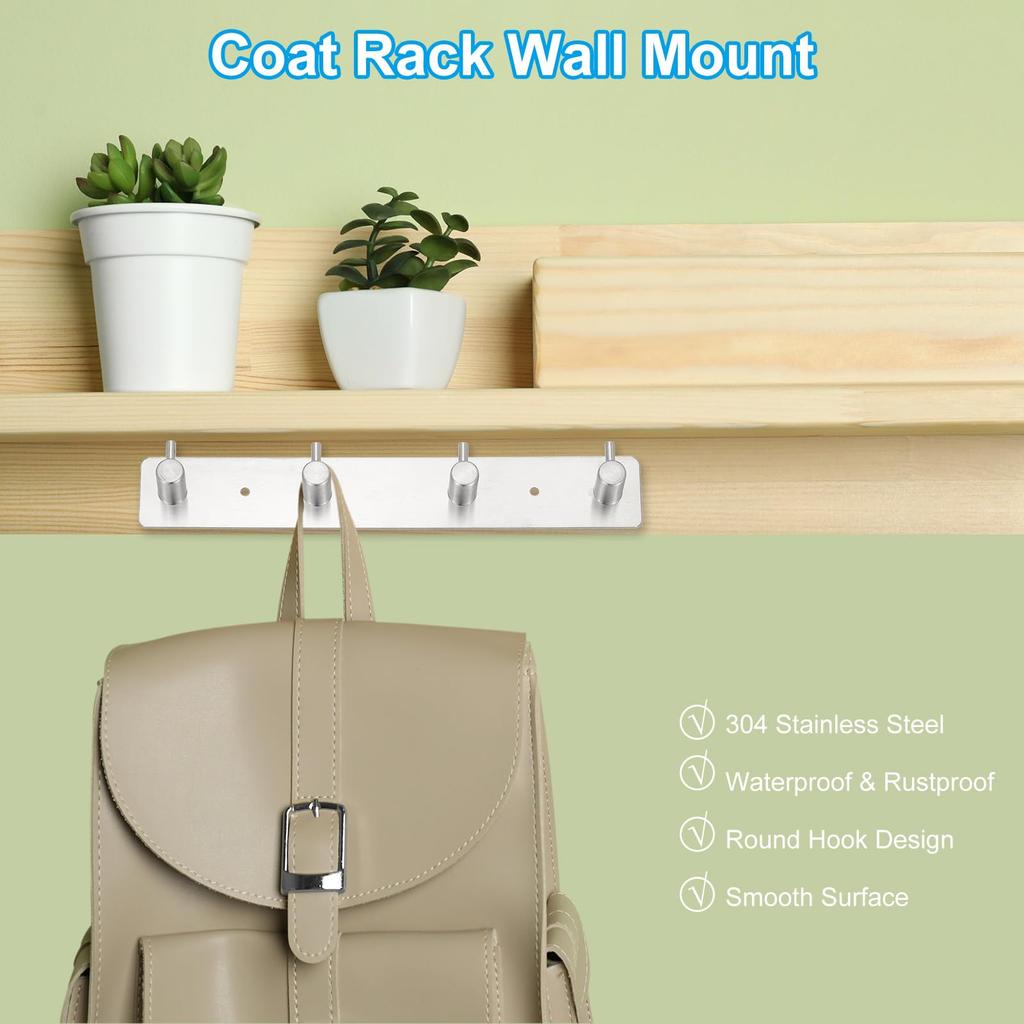 PATIKIL Wall-Mounted Coat Rack, 10" 304 Stainless Steel Beveled Wall Hook Rail, Bathroom Towel Hanger with 4 Hooks for Entryway or Bedroom, Silver