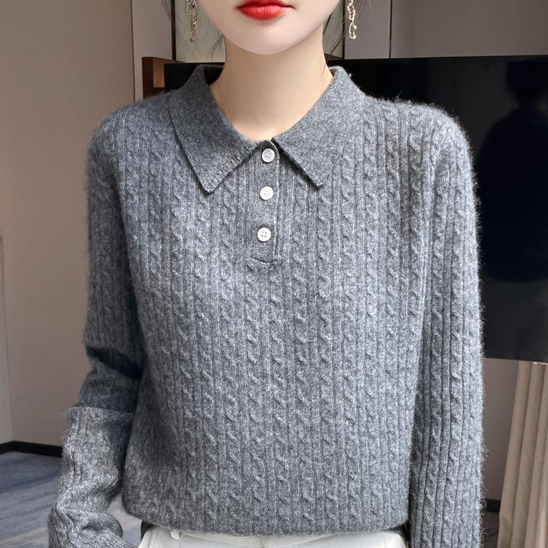 Women's 100% Pure Wool Thick Cable Knit Sweater - Autumn/Winter Loose Fit Fashion Base Layer