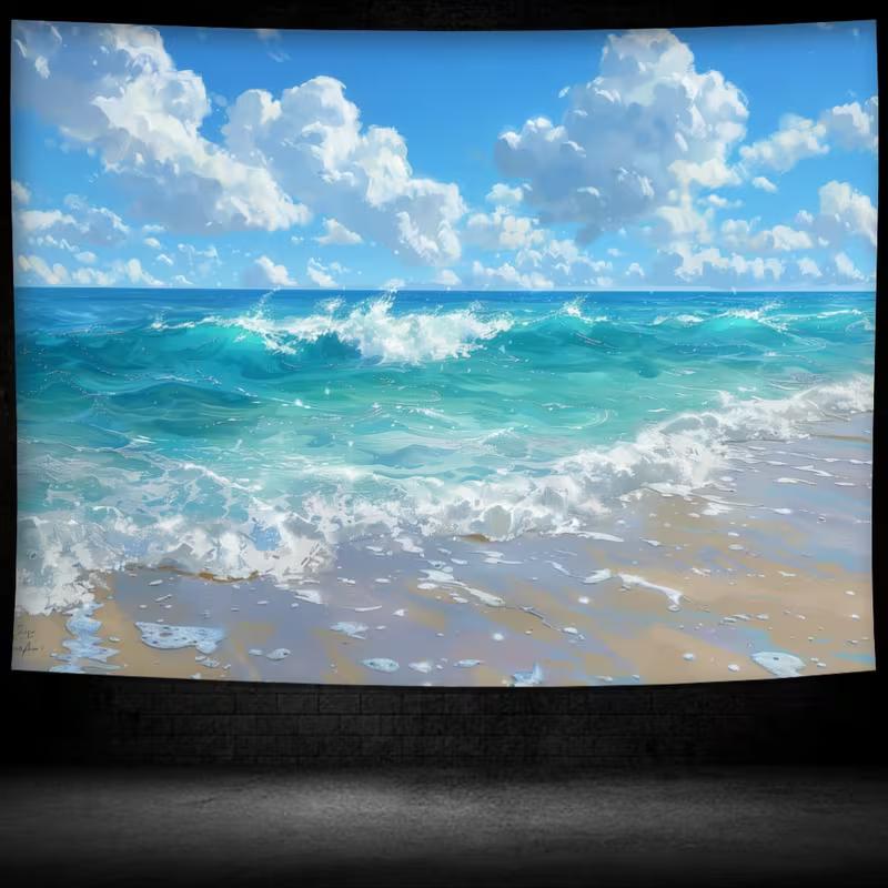 2D Coastal Beach & Ocean Waves Tapestry Bright Sunny Nature Art Wall Decor Cloth for Home & Bedroom