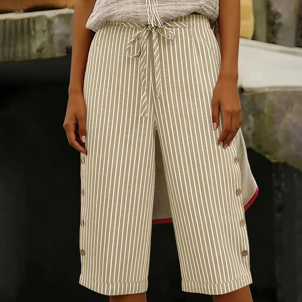 Dames Zomer Mode Gestreept Elastische Taille Vijfkwart Broek Casual Losse Zak Shorts