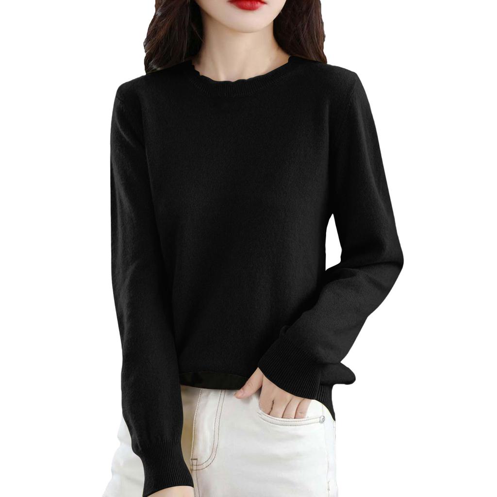 Women's Casual Lace Round Neck Base Layer Knitted Long Sleeve Solid Color Sweater