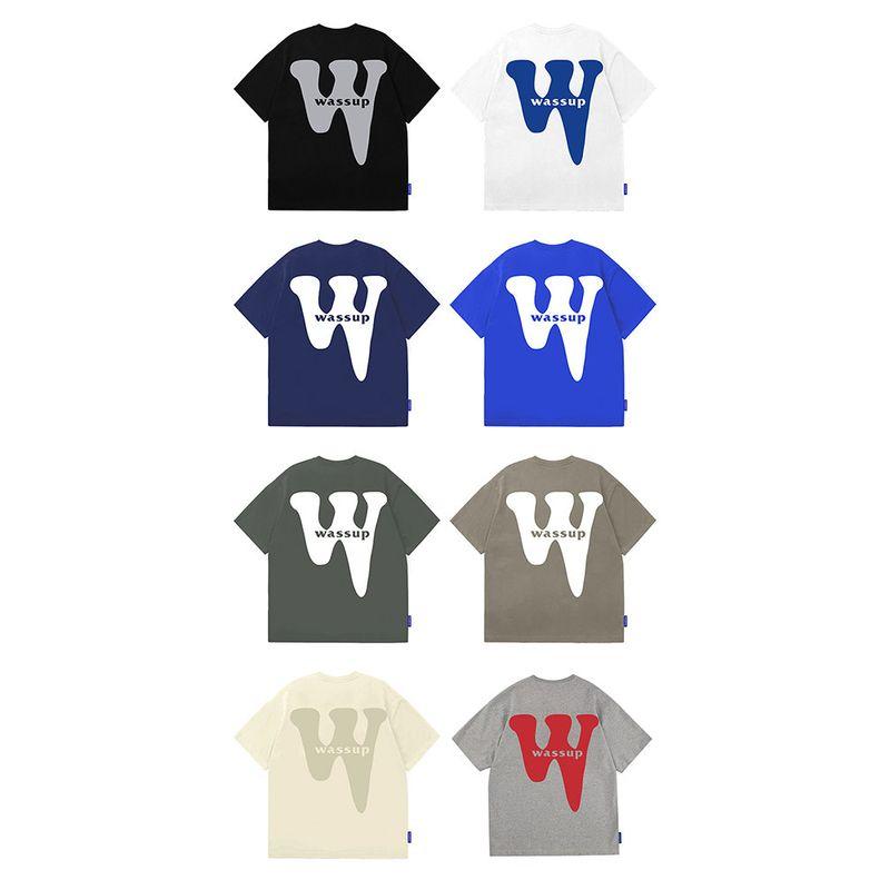 Wassup Heods Short-Sleeved T-Shirt with Round Neck, Summer Trendy Printed Pure Cotton Heavyweight American Casual Loose Fit for Men and Women