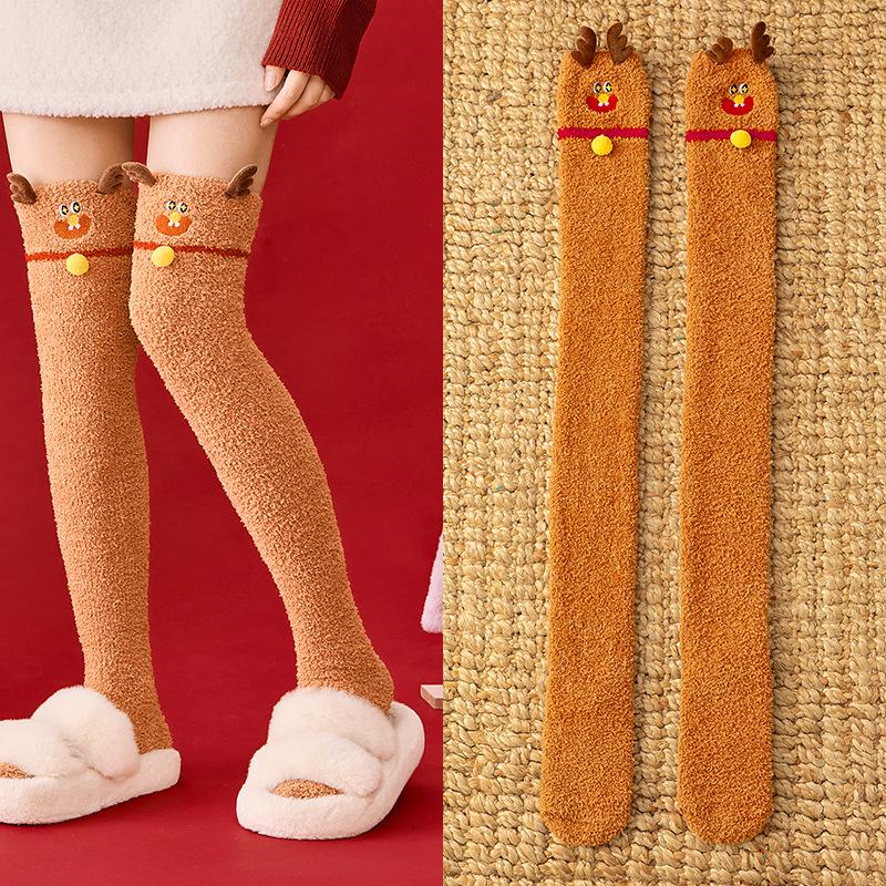 Autumn and Winter Coral Fleece Sleep Socks Thickened and Warm Christmas Gift Cartoon Calf Socks Half-fleece Women's Over-the-knee Socks
